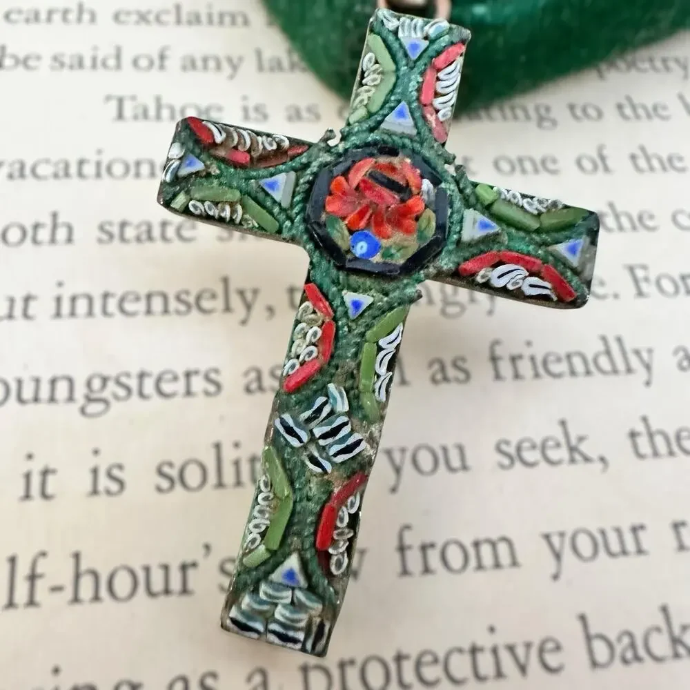 Vintage Italian Micro Mosaic Cross Pendant Necklace Italy Rose Floral 24” - Picture 3 of 7